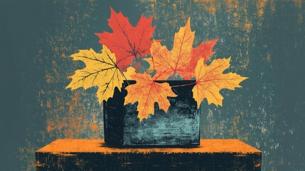 Wall Mural - Cozy composition of autumn leaves in a box on a sweater