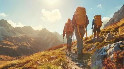 Wall Mural - Three hikers walk along a mountain path with backpacks and trekking poles.