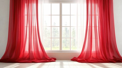 Wall Mural - Bright window with sheer red curtains and natural light.