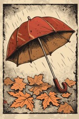 Poster - Retro coloring book illustration of a round handle of a vintage umbrella resting on wet fallen leaves symbolizing a rainy autumn