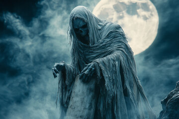 A ghoulish phantom with tattered, flowing robes,