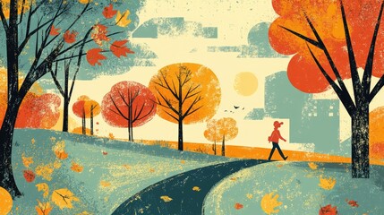 Autumn park illustration featuring relaxation and active leisure in nature Enjoyable sunny weather perfect for strolls along a vibrant fall pathway