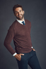 Poster - Employee, man and happy on portrait for fashion in studio on gray background as lawyer in Spain. Business person, proud and smile in confidence on career growth or opportunity with style and elegant
