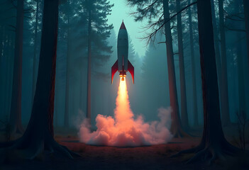 A retro-style rocket launches into the sky, surrounded by a dense, misty forest