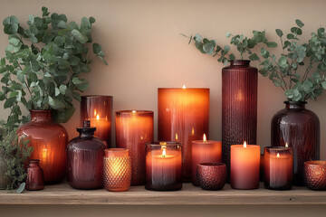 Poster - A collection of burgundy and bronze glass candle holders with varying heights, placed on a wooden shelf with eucalyptus branches, set against a pastel beige background,
