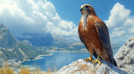 Poster - A bronze hawk with ruby eyes perched on a rocky cliff,