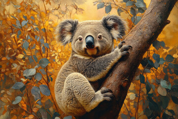 Poster - A gold and sapphire koala clinging to a eucalyptus tree,