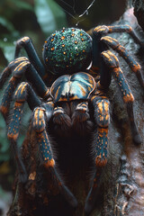 Aufkleber - A silver and emerald tarantula with glittering fangs,