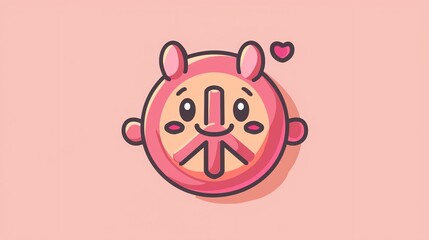 Wall Mural - A pink peace sign with a cute face, on a light pink background, with a heart above it.