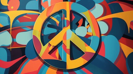 Wall Mural - A peace sign in a yellow, orange, and white color scheme, over a psychedelic background with blue, orange, red, and yellow colors.