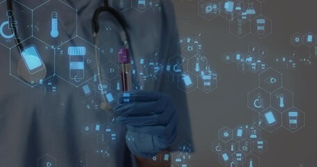Poster - Animation of medical icons over caucasian female doctor holding vial