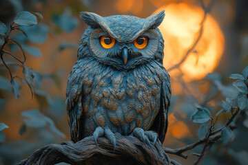 Poster - A bronze owl with piercing sapphire eyes,