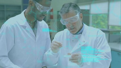 Poster - Animation of data processing and chemical formula over diverse scientists working in lab