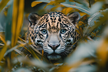 Aufkleber - A silver and sapphire jaguar prowling through tall grass,