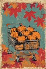 Wall Mural - Autumn shopping scene featuring a cart filled with pumpkins and surrounded by maple leaves