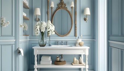 Elegant pastel blue bathroom decor with soft lighting, a mirror, white flowers, and stylish accessories on a white wood shelf