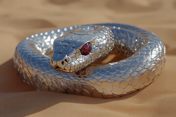 Poster - A ruby-eyed silver cobra coiled to strike,
