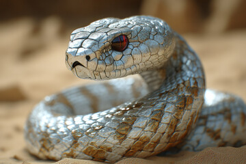 Poster - A ruby-eyed silver cobra coiled to strike,