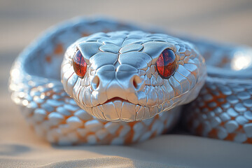 Aufkleber - A ruby-eyed silver cobra coiled to strike,