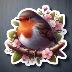 Wall Mural - sticker, Robin bird sitting branch flowers, beautiful portrait, profile picture icon