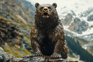 Poster - A bronze bear standing upright with a fierce expression,