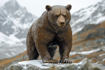 Poster - A bronze bear standing upright with a fierce expression,