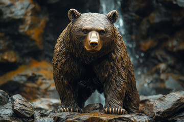 Aufkleber - A bronze bear standing upright with a fierce expression,