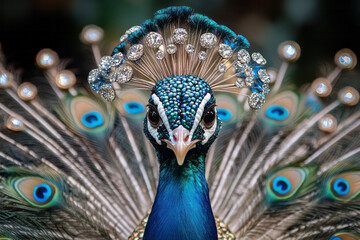 Poster - A diamond-encrusted peacock with spread tail feathers made of emerald and sapphire,