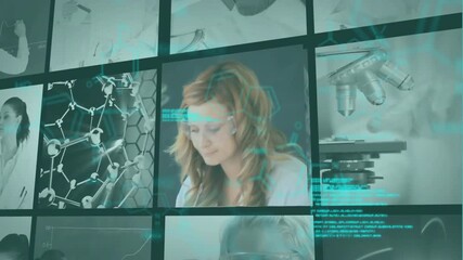 Poster - Animation of data processing and chemical formula over diverse scientists working in lab