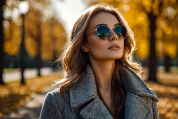 portrait of perfect young woman in grey coat and sunglasses posing in autumn park, looking up. lovel