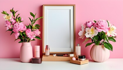 Elegant photo frame mockup with cosmetic set and beautiful flowers against a pink wall, complemented by a stylish mirror on a wooden shelf