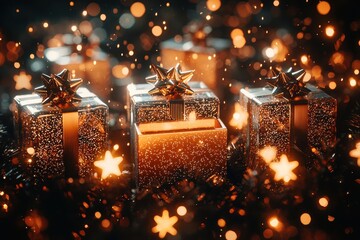 Canvas Print - Festive Christmas gifts with golden bows and sparkling lights on dark background