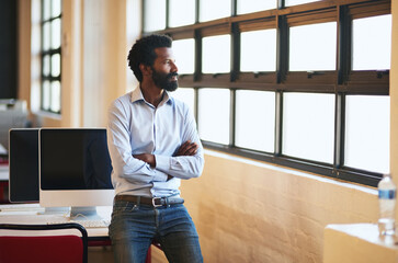 Poster - Thinking, office and business man by window with ideas, solution and insight for company. Creative startup, entrepreneur and person with crossed arms for problem solving, brainstorming and reflection