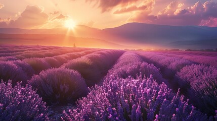 Wall Mural - A field of lavender in bloom at sunset.