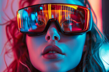 Fashion model person wearing futuristic shiny glamorous VR goggles watching cyberpunk video, Generative AI