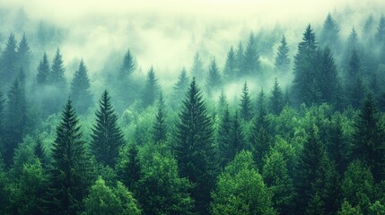  Serene forest landscape shrouded in mist.