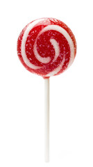 Wall Mural - Red and white striped lollipop on stick isolated on white background