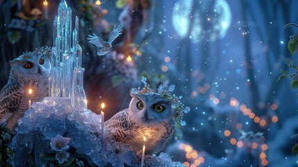 Wall Mural - an owl with its wings outstretched, soaring through a mystical forest. The crystal palace and glowing flowers below add to the enchanting ambiance, illuminated by a gentle blue light.