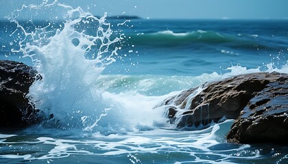 The waves beat between the rocks, and the water splashed, showing the power and beauty of the ocean. The background is the deep blue water.