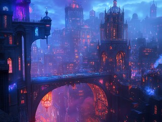 A mystic fantasy realm intertwined with a bustling city skyline at night