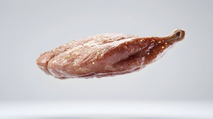 Wall Mural - 14. **A 3D render of a falling duck breast, its crispy skin and tender meat detailed against a pristine white surface