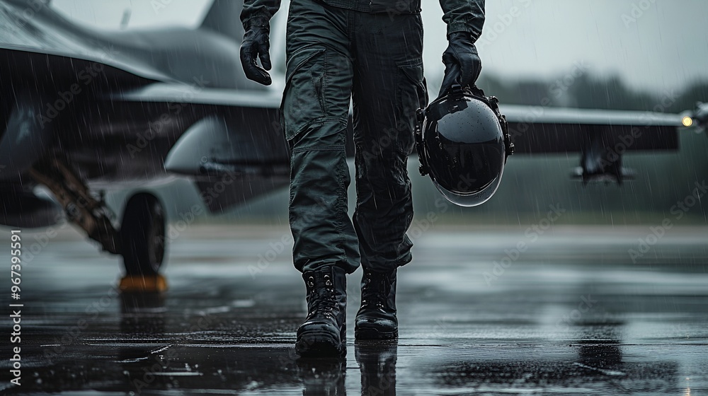 An Air Force pilot stepping down from his fighter jet, the ground slick ...
