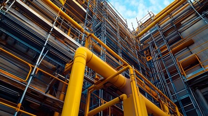 A large industrial building with yellow and gray pipes. The building is surrounded by a cloudy sky. Scene is industrial and somewhat ominous