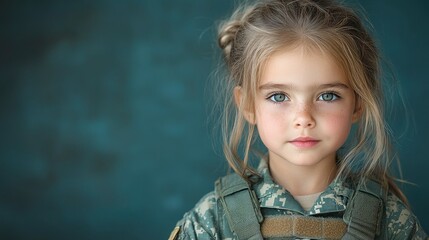 Young Girl in Military Uniform with Serious Expression