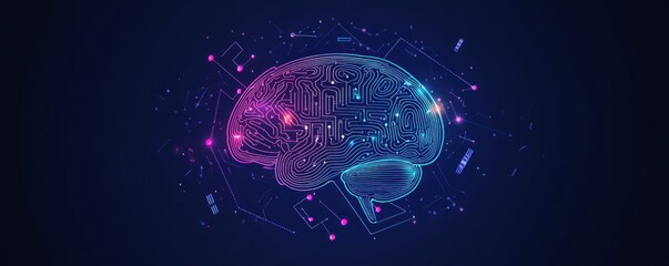 Poster - Futuristic digital illustration of the human brain with neon circuitry on a blue background, symbolizing artificial intelligence and technology advancement.