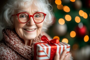 A joyful elderly woman with white hair and red glasses wearing a cozy sweater, holding a wrapped Christmas gift with a decorated tree in the background.