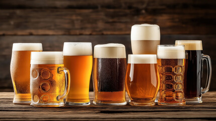 Sticker - A variety of glasses of craft beer on a wooden table with a rustic wooden background. The beers range from light to dark and have a foamy head on top.