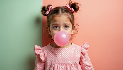 Wall Mural - Happy, stylish kid blowing a bubblegum bubble against a colorful background.







