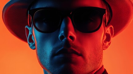 Wall Mural - A man wearing sunglasses and a hat is standing in front of a red background