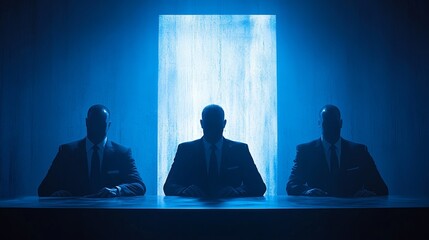 Three men in suits sit at a table with a blue light behind them